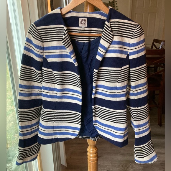 Anne Klein Blue and White Striped Collarless Tulip Cotton Blazer Jacket (6) - Picture 5 of 12